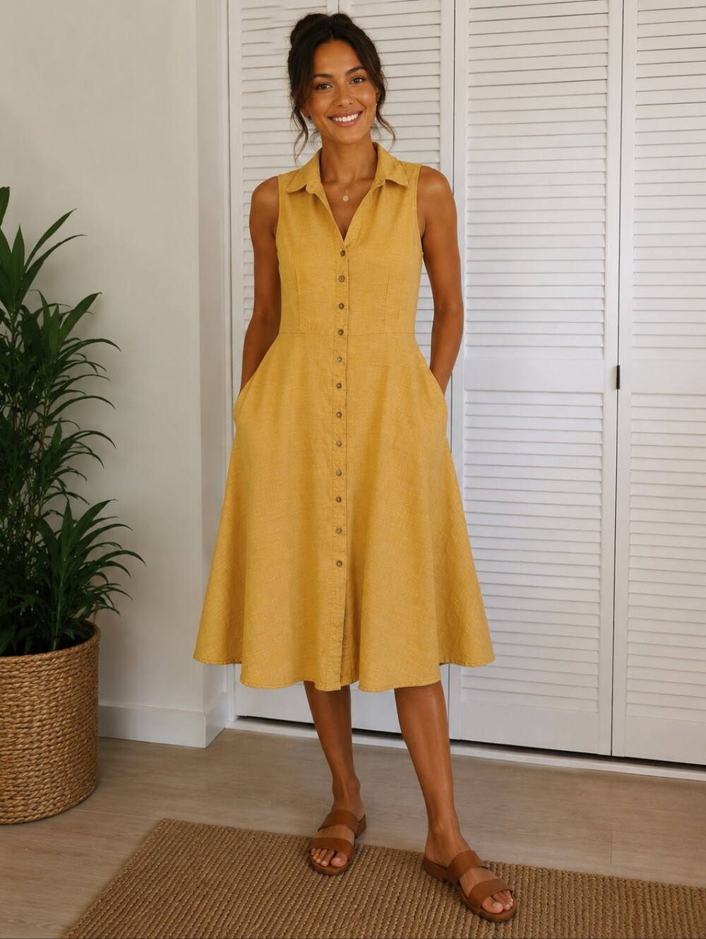 Sharagano Sleeveless Button-Front Mustard Yellow Fit & Flare Dress Size 10